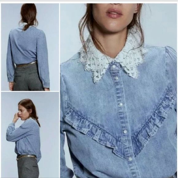 Zara Tops - Zara | the Nikki denim shirt with lace collar